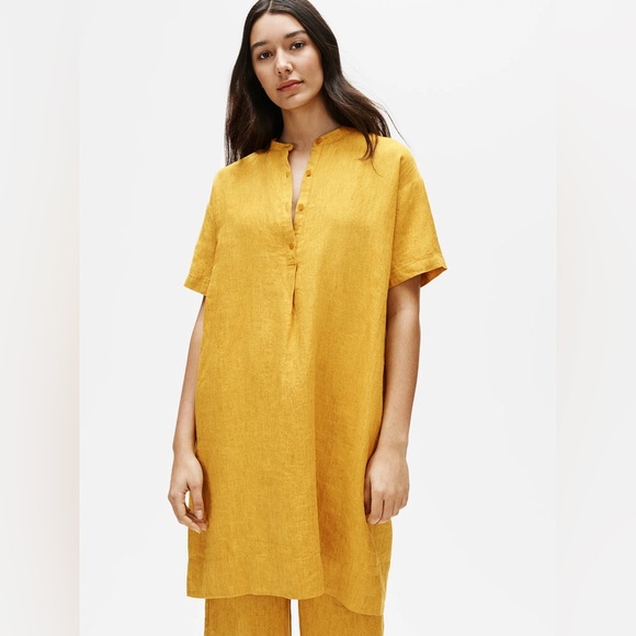 Washed Organic Linen Delave Mandarin Collar Shirtdress in Marigold, size xxs - Picture 6 of 7
